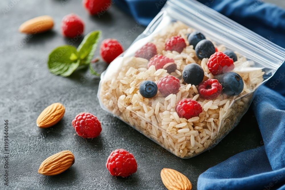 Poster colorful rice trail mix with nuts and berries in a ziplock bag on a soft textured surface in a cozy 