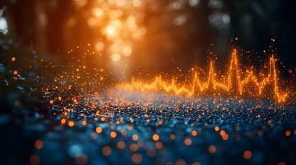 Runner's heartbeat data visualized along a forest trail during sunset exercise session