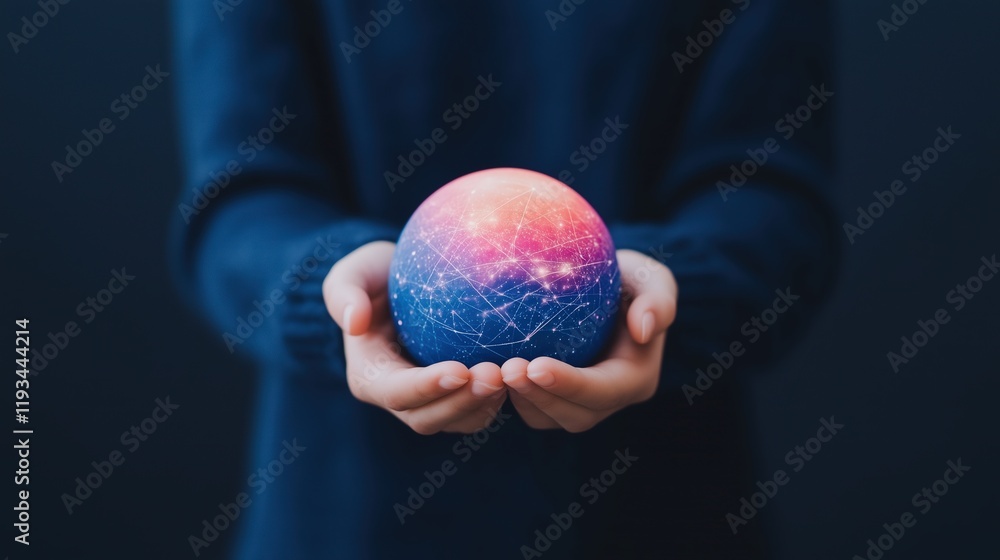 Poster person holding colorful globe with network lines representing global connectivity and technology in 