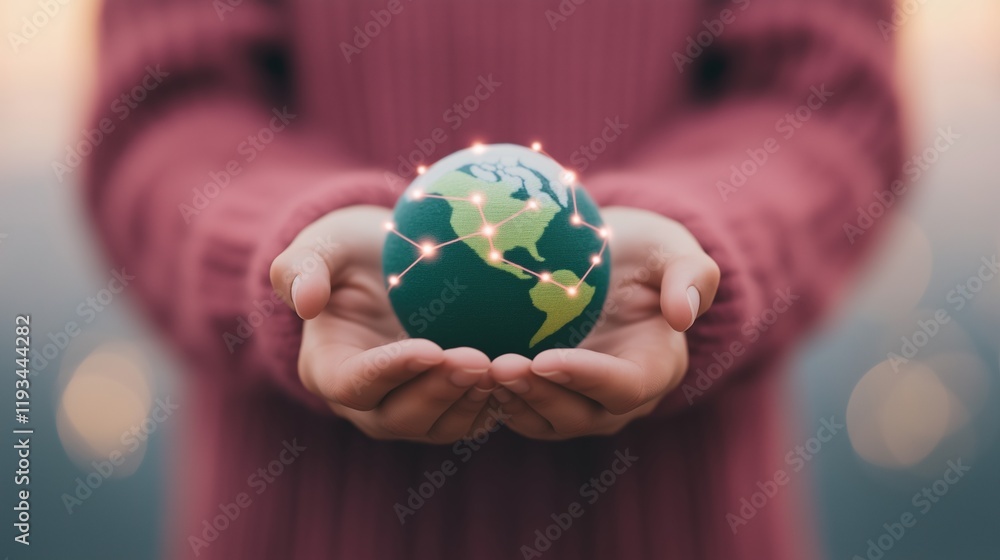 Poster person holding globe with network lines depicting global connectivity in conceptual background for t