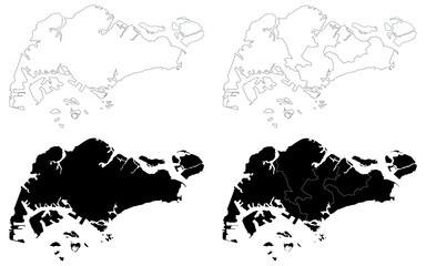 Singapore map, Singapore outline and districts administration map set - illustration version