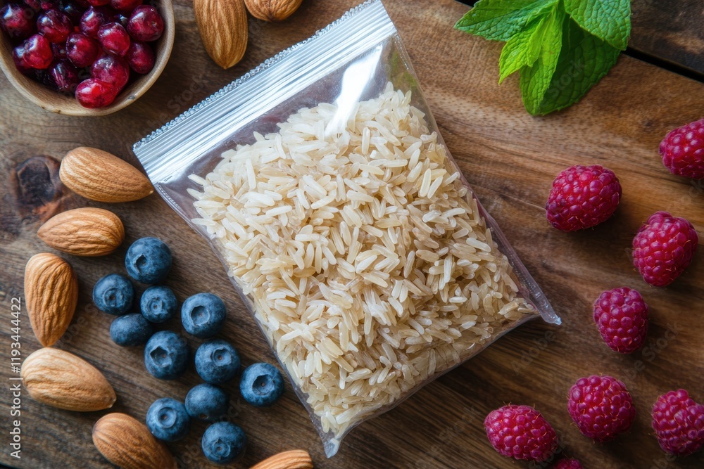 Poster healthy rice trail mix in ziplock bag surrounded by nuts and berries on a rustic wooden table in sof