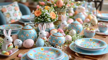 Elegant Easter table with bunny-themed plates and floral decor