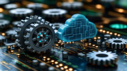 A digital representation of innovation and technology, with a gear mechanism transforming into a digital cloud, signifying the transition from traditional systems to modern technological solutions.
