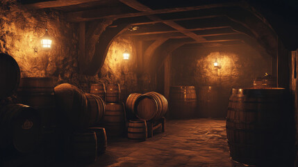 A rustic wine cellar with barrels stacked neatly, lit by warm, soft ambient light.