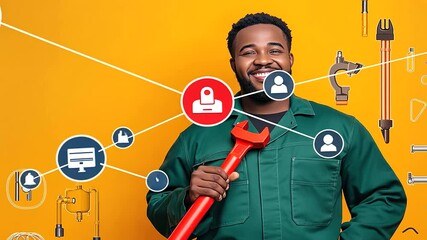 A smiling plumber wearing a green jumpsuit, gripping a red wrench and a coiled pipe, posed in front of a vibrant orange background with plumbing icons and ad text