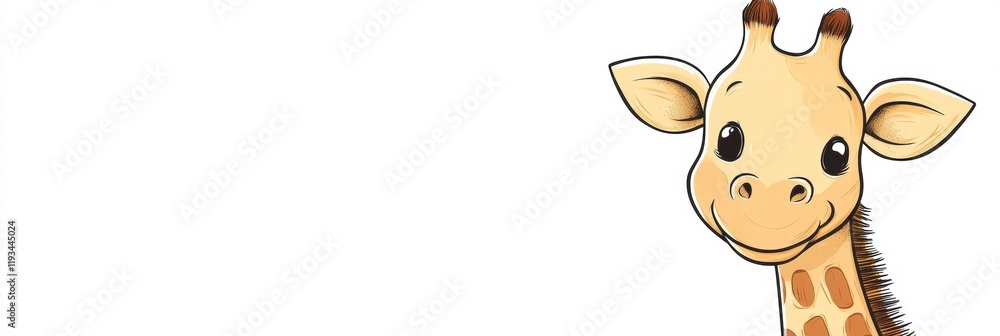 Poster cheerful illustrated giraffe with large eyes and a friendly smile in a bright and simple setting. ge