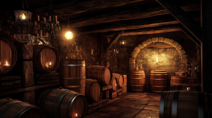 Naklejka premium A rustic wine cellar with barrels stacked neatly, lit by warm, soft ambient light.