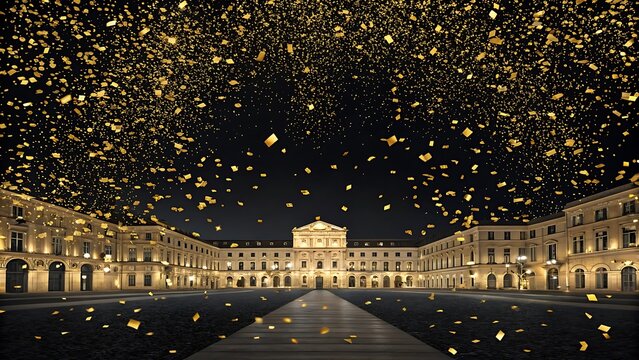 A luxurious black background adorned with scattered gold confetti, ideal for glamorous celebrations or festive events like New Year's, weddings, and anniversaries
