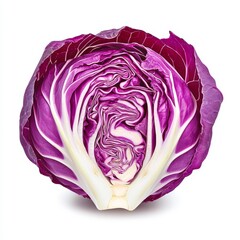 Obraz premium A stunning image of a vibrant purple cabbage cut in half showcasing its intricate layers and fresh texture, perfect for healthy cooking.