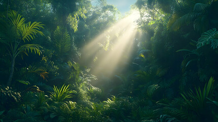 Obraz premium Luminous sunbeams filtering through a dense, vibrant jungle, illuminating the lush green canopy and undergrowth