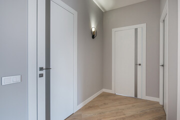 A small corridor with elegant decoration.  White doors, elegant lamp with soft lighting.