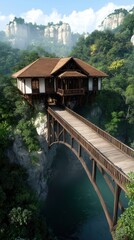 Fototapeta premium Explore stunning nature-inspired architecture with a charming wooden house on a cliff surrounded by lush greenery