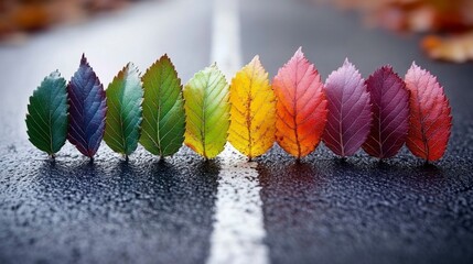 A close-up series of autumn leaves in various stages of color change, from vibrant green to fiery red and orange, capturing the beauty of nature's seasonal transformation.