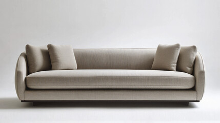 A sleek, modern sofa in neutral tones, placed against a clean white wall in a well-lit room. 