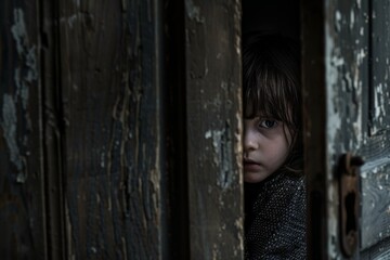 Fototapeta premium Curious child peering through old door