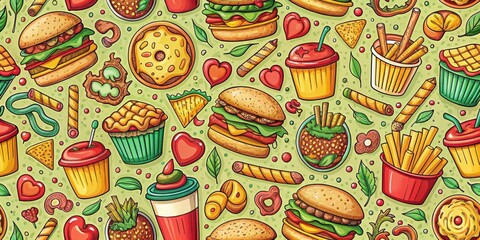 A whimsical and colorful illustration featuring a variety of fast food items, including burgers, fries, pizza, and drinks, with a cartoon style and a lighthearted feel.