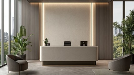 Modern office reception area with beige desk, two armchairs, and plants.