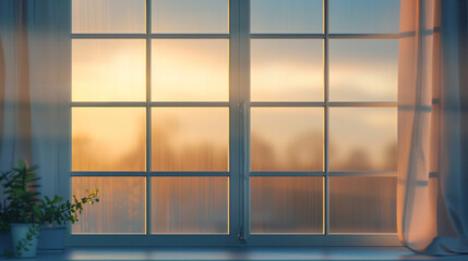 A window sealed with frosted film for privacy and insulation, with a subtle glow of light passing through.