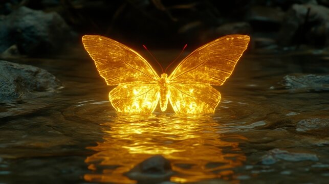 A glowing water butterfly gently unfolding its wings above a serene pond, as ripples spread outward, symbolizing the beginning of life and the harmonious flow of nature.