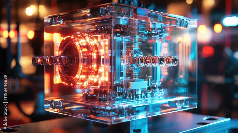 Poster a futuristic quantum processor module encased in transparent glass, surrounded