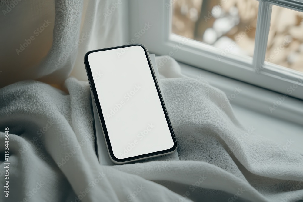 Poster minimalistic close-up of a blank screen smartphone resting on soft fabric near a window in diffused 