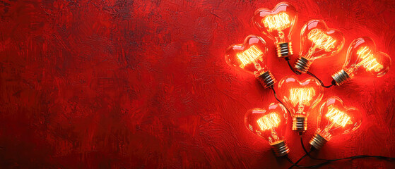 Red layout with glowing heart-shaped light bulbs. Flat lay. Background for Valentine's Day, romantic themes, and modern energy concepts. Generative ai