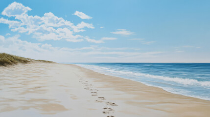 Obraz premium Detailed footprints on a sandy beach, leading toward a calm blue ocean under a clear sky.