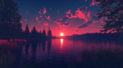 A surreal 3D landscape with a radiant light sphere in the center of a calm lake, the horizon filled with a stunning sunset, while tall grasses surround the water, creating an otherworldly atmosphere.