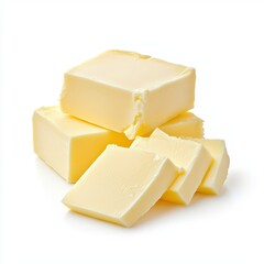 Fresh, creamy butter cubes stacked on a clean surface ready for cooking or baking.
