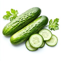 Fresh cucumbers and cilantro ready for use in salads and culinary dishes, highlighting vibrant colors and natural freshness.