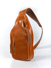 Brown leather sling bag with luxury design isolated on white background, perfect for leather...