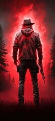 Fototapeta premium Popular incredible wallpapers featuring a mysterious figure in a red forest setting