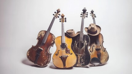 Naklejka premium Collection of Classic Acoustic Guitars with Unique Designs and Vintage Finish Arranged in a Stylish Display Perfect for Music Lovers and Guitar Enthusiasts