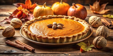 A perfectly baked pumpkin pie with a golden crust, nestled amongst fall foliage, walnuts, and cinnamon sticks.
