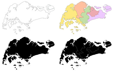 Singapore map, Singapore outline and districts administration map set - illustration version