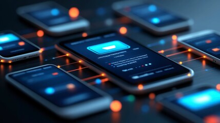 A close-up of a digital wallet icon surrounded by devices connected through a network, representing seamless and connected finance, with room for captions or branding.