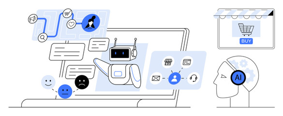 AI chatbot assisting customer on laptop screen with message bubbles, various icons, online shopping cart. Ideal for customer support, e-commerce, AI technology, communication, digital interaction