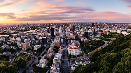 Fototapeta premium Panoramic city view with river at sunset
