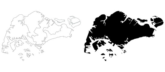 Singapore map, Singapore outline and districts administration map set - illustration version