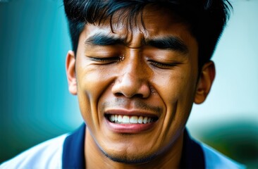 Fototapeta premium miserable asian male crying in pain and sorrow outdoors, close up. shock and emotional breakdown, depression. psychological concept