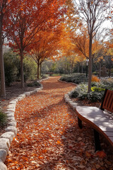 Naklejka premium Parc d'automne paisible avec feuilles mortes et arbres colorés