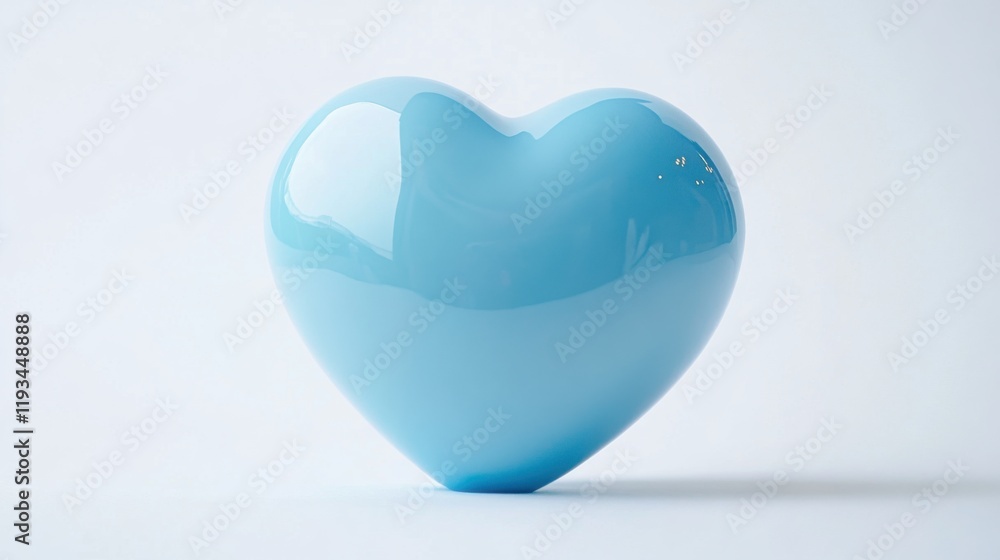 Poster glossy blue heart-shaped object on a soft white background reflecting light and creating a serene at
