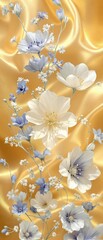 Abstract white and blue flowers on gold background, retro, art deco, vintage