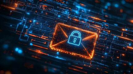 Digital lock on an email icon indicating privacy protection and secure data communication, cybersecurity concept, encrypted messaging, book illustration style