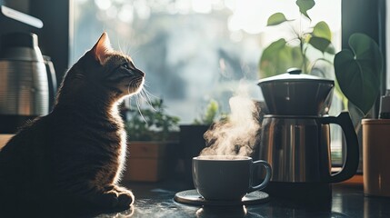A cozy coffee brewing station with a purring cat sitting beside a steaming mug
