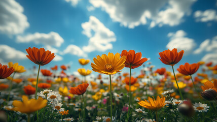 Obraz premium Colorful wildflower field under bright blue sky with fluffy clouds on a sunny day