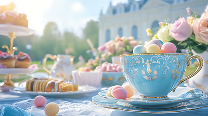 A whimsical charismas tea party atmosphere with gumdrops as table decorations, surrounded by tea cups and sweets, pastel colors, cheerful atmosphere for a vintage idea of ​​Happy National Gumdrop Day
