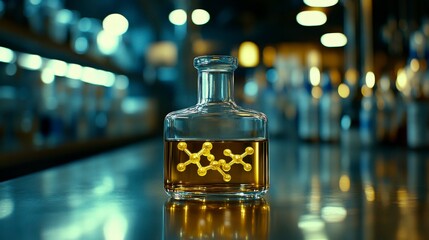 A close-up of a new pharmaceutical compound being tested in a lab, with molecular models displayed on the screen, and ample copy space for text or branding.
