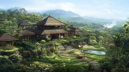 Fototapeta premium Lush Mountain Retreat with Traditional Architecture and Serene Landscape